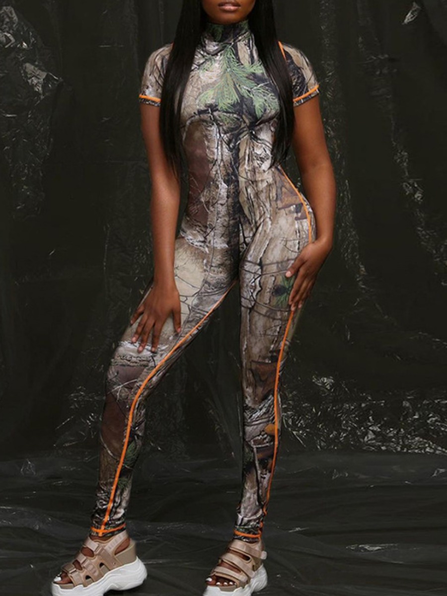 

Lovely Sporty Turtleneck Tie-dye Striped One-piece Jumpsuit, Green