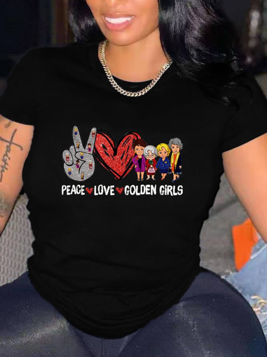

Lovely Casual Cartoon Letter Print Black Plus Size T-shirt