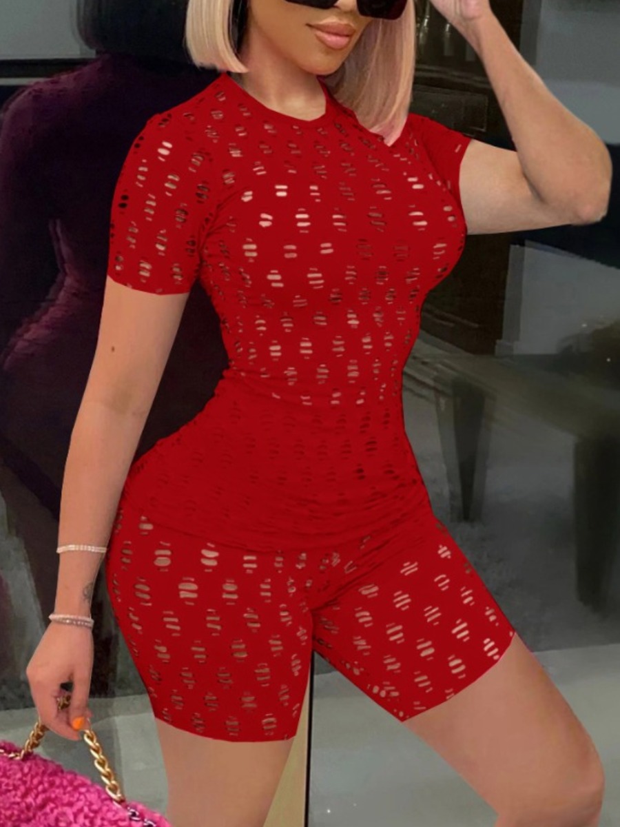 

Lovely Street O Neck Hollow-out Red Two Piece Shorts Set
