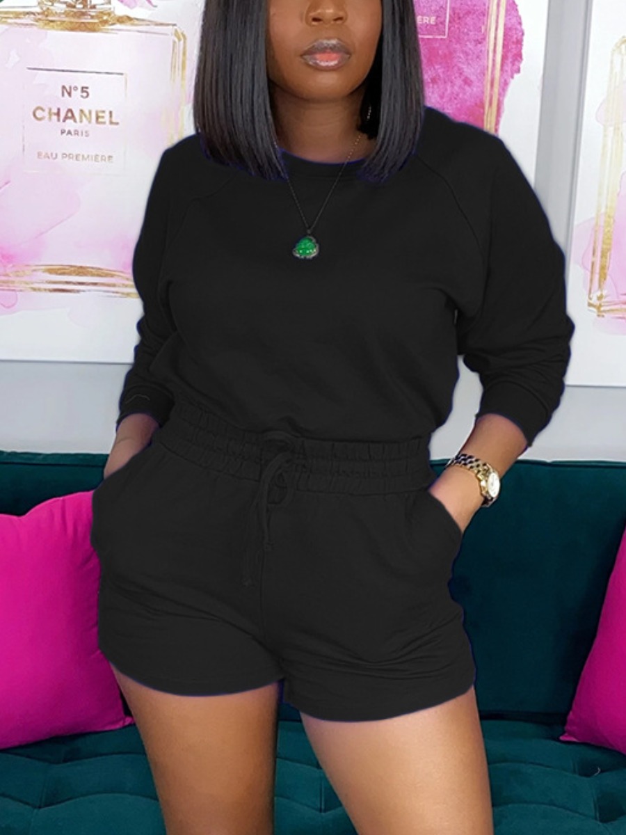 

Lovely Casual Dropped Shoulder Drawstring Black Two Piece Shorts Set