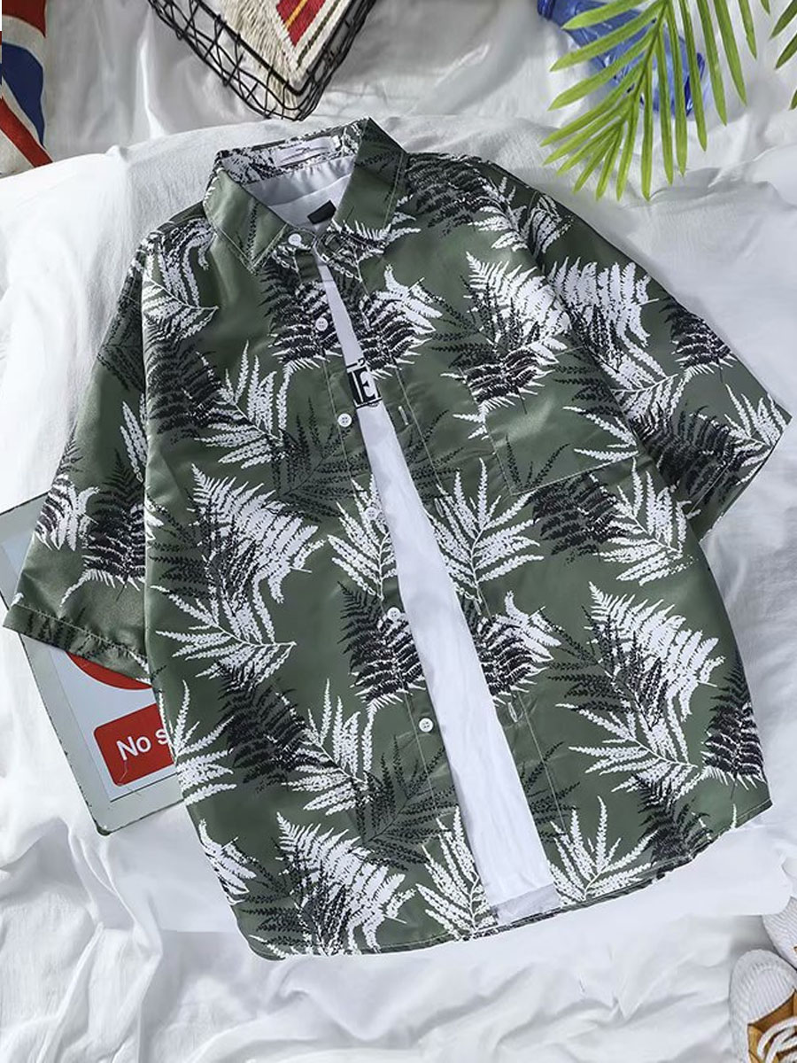 

Lovely Men Boho Leaf Print Patchwork Green Shirt