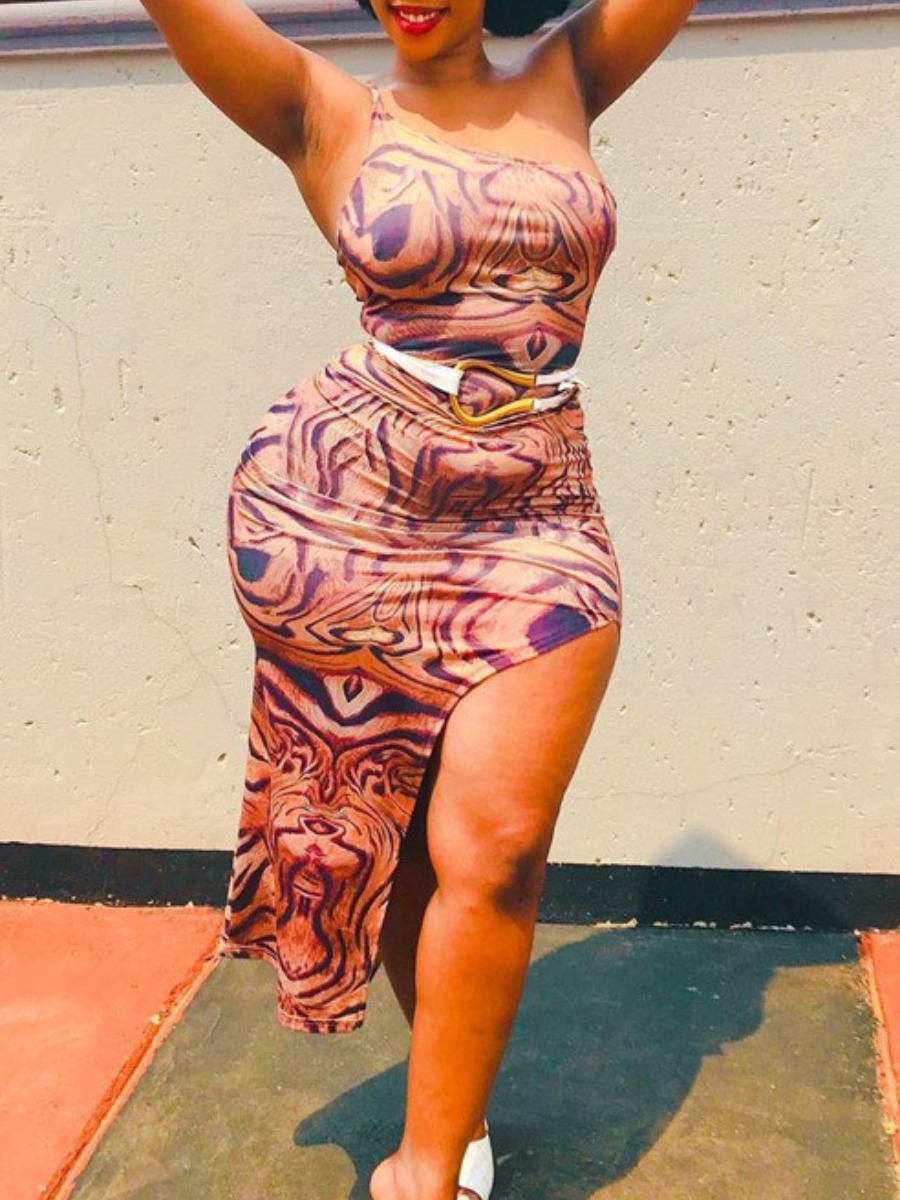 

LW Plus Size Sweet One Shoulder Print Split Multicolor Mid Calf Dress, Multi