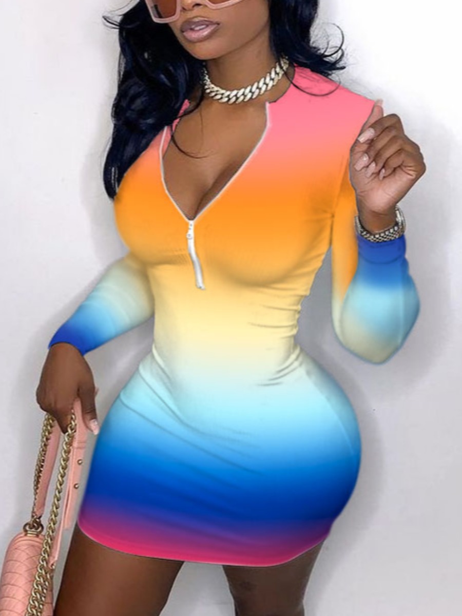 

LW Sweet Gradient Zipper Design Multicolor Mini Dress, Multi