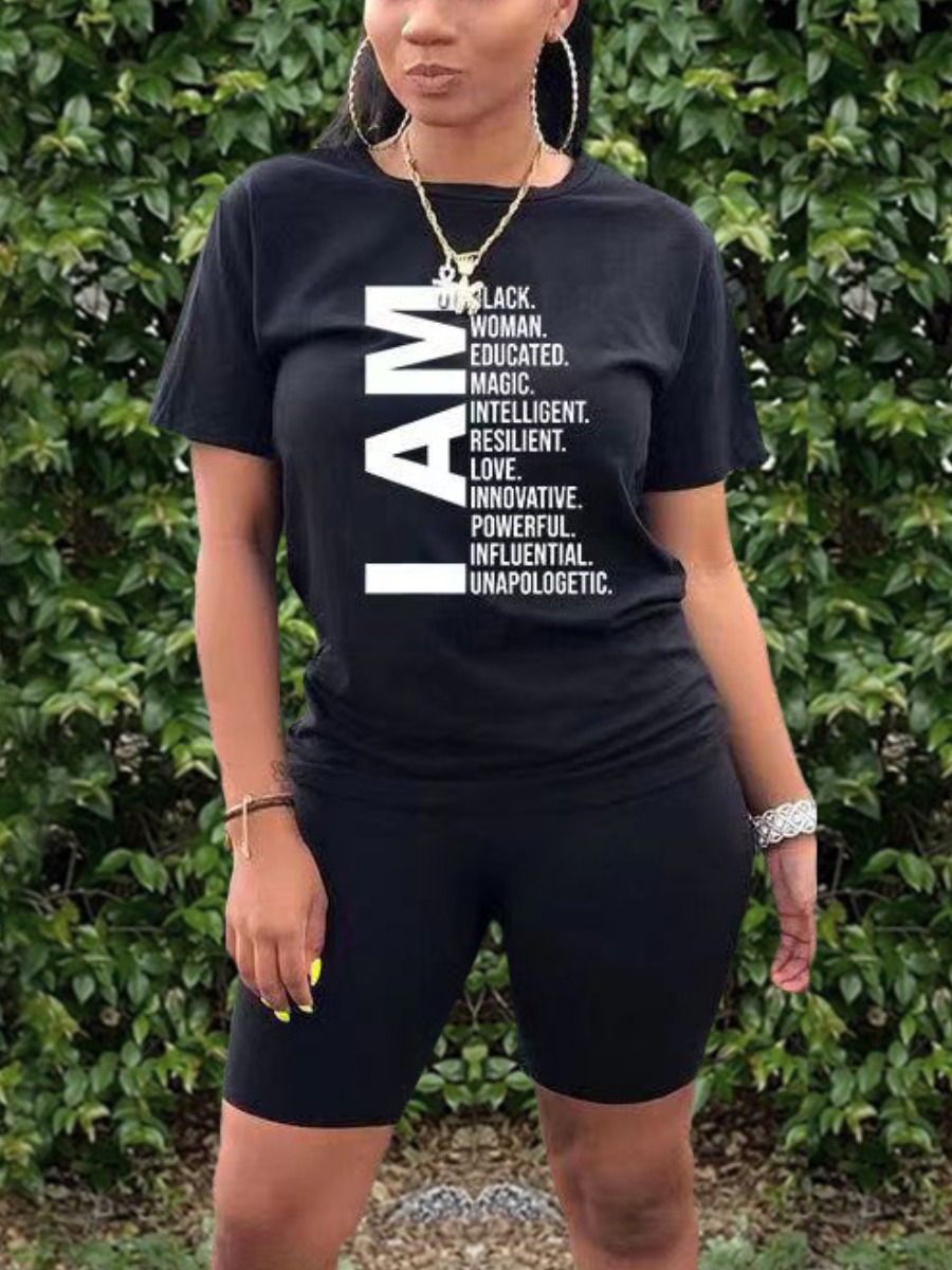 

Lovely Street O Neck Letter Print Black Two Piece Shorts Set