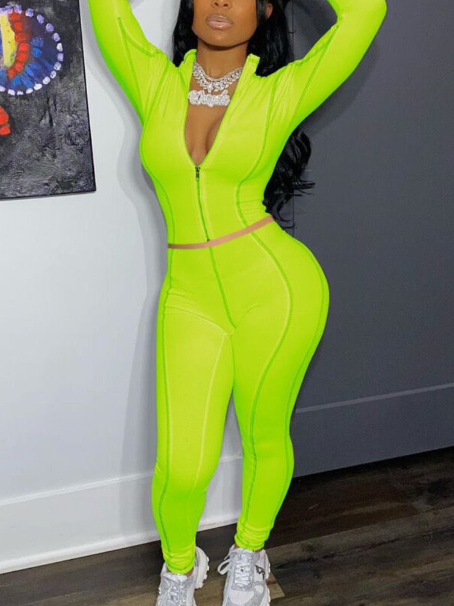 

LW Sporty Striped Zipper Design Green Two Piece Pants Set