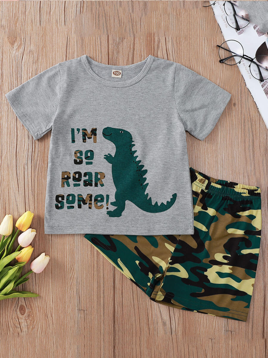 

Lovely Boy Casual Letter Camo Print Grey Two Piece Shorts Set