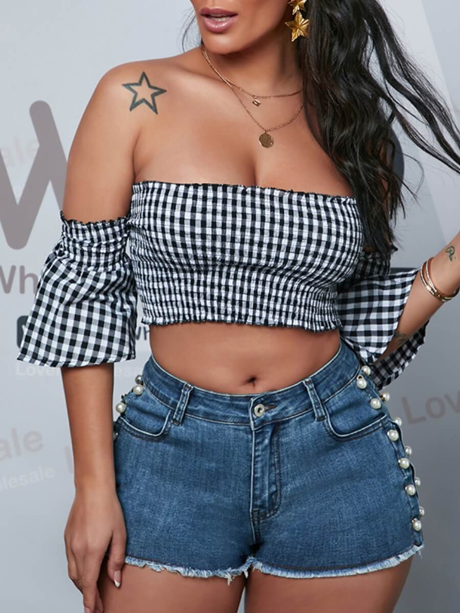 

Lovely Sweet Off The Shoulder Plaid Print Flared Black Blouse