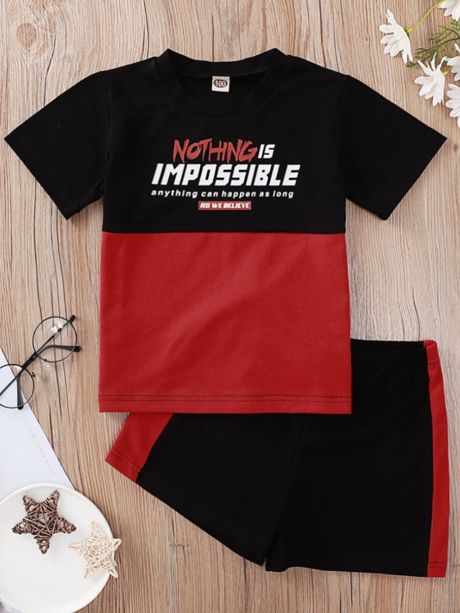 

Lovely Boy Street Letter Print Patchwork Black Two Piece Shorts Set