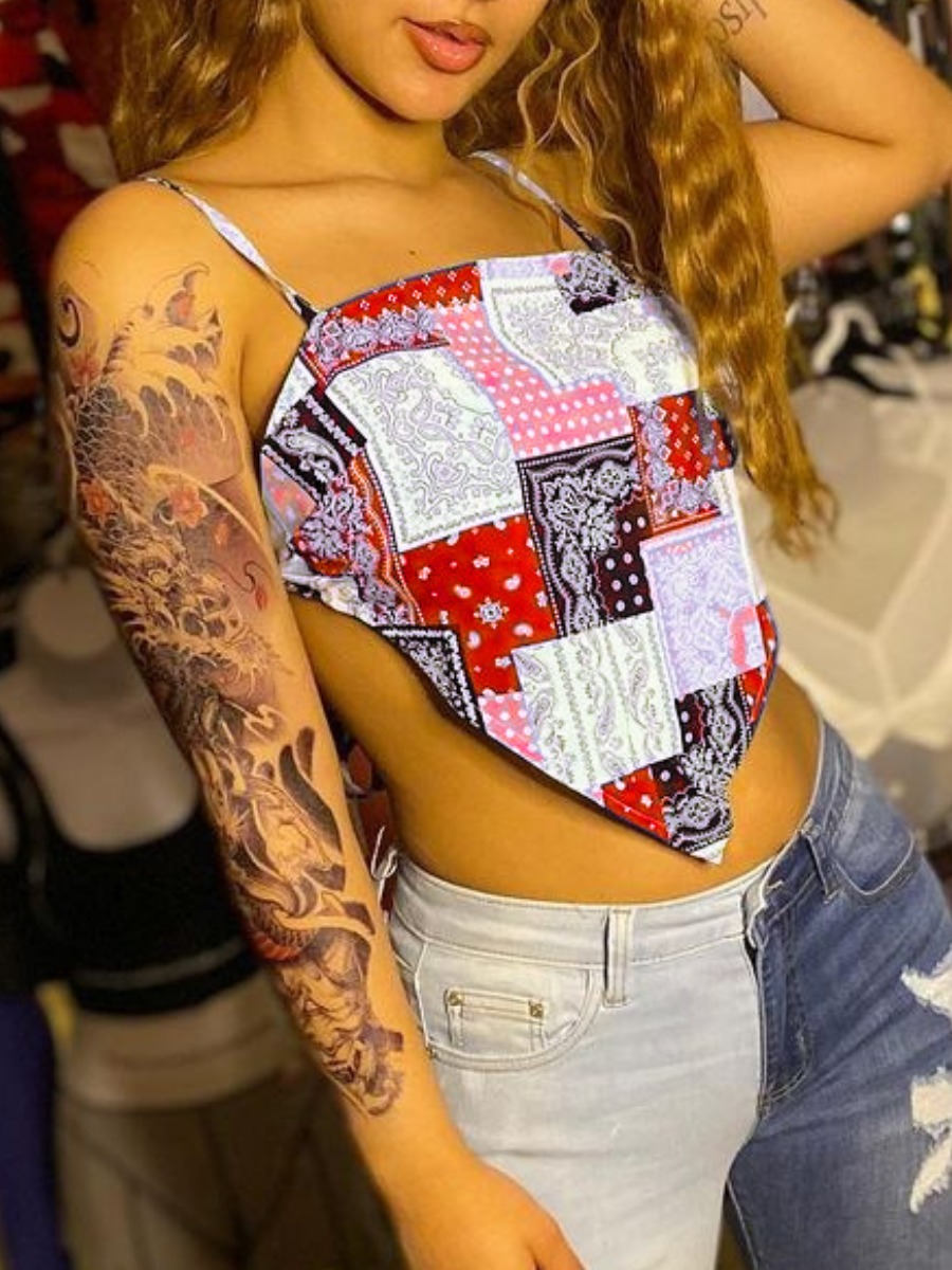 

Lovely Sexy Backless Geometric Print Rose Red Camisole