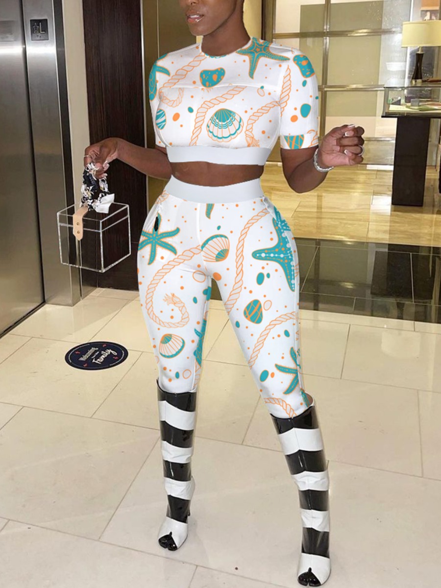 

LW Casual Ocean Shell Print Crop Top White Two Piece Pants Set