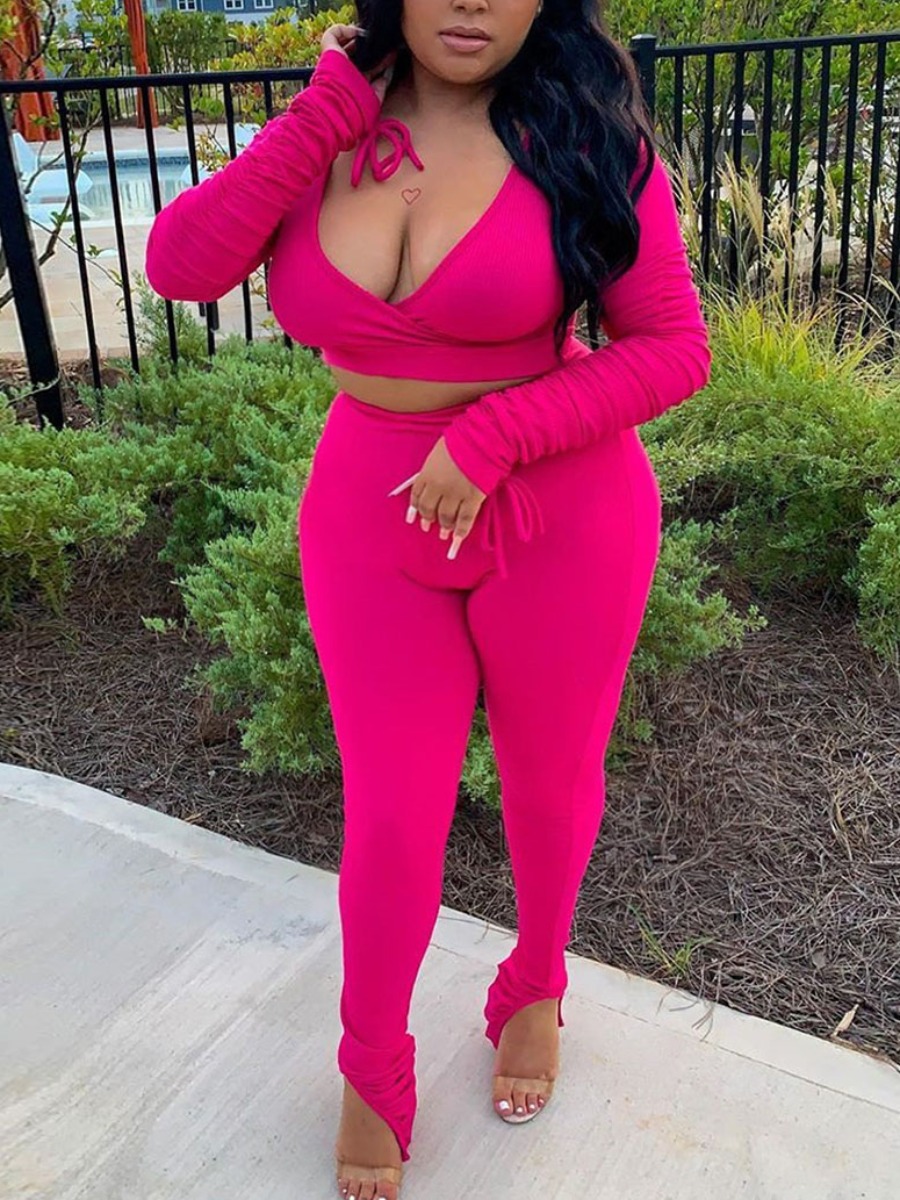 

Lovely Street V Neck Drawstring Rose Red Plus Size Two-piece Pants Set