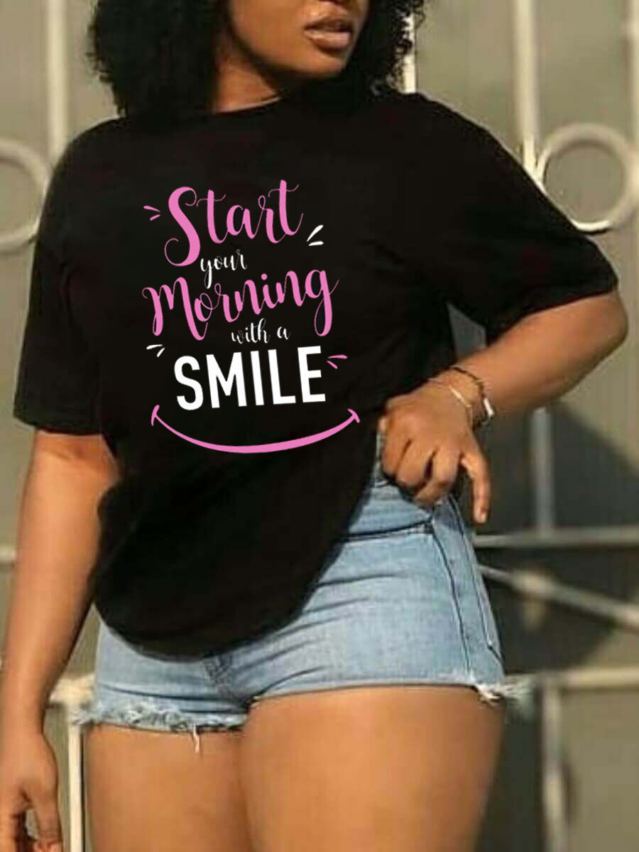 

Lovely Plus Size Street O Neck Letter Print Black T-shirt