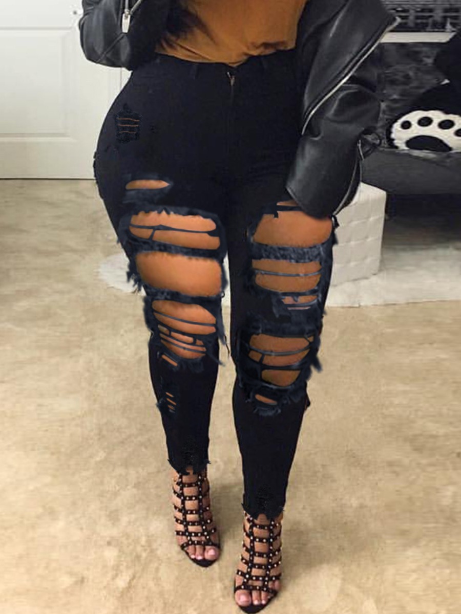 

Lovely Plus Size Street High-waisted Ripped Raw Edge Black Jeans