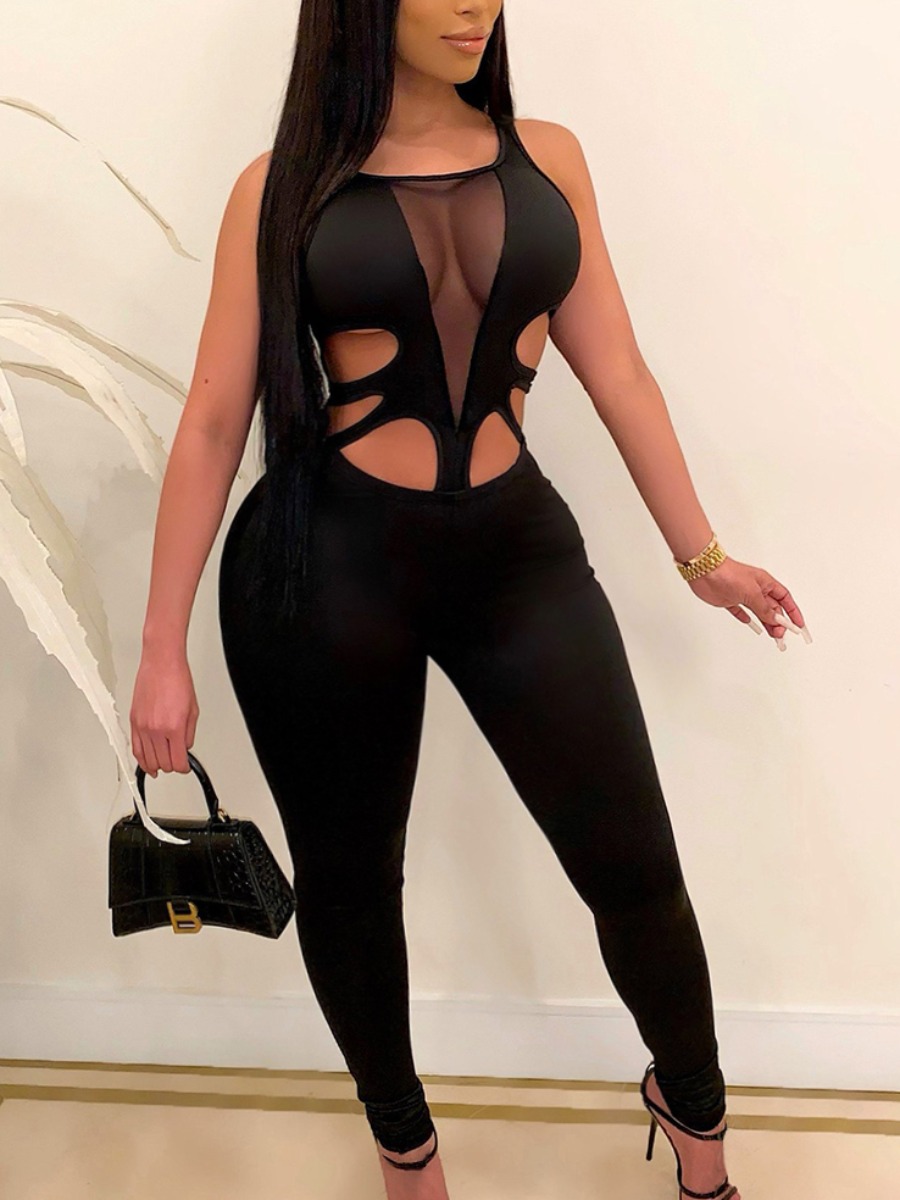 

Lovely Plus Size Sexy See-through Hollow-out Black One-piece Jumpsuit