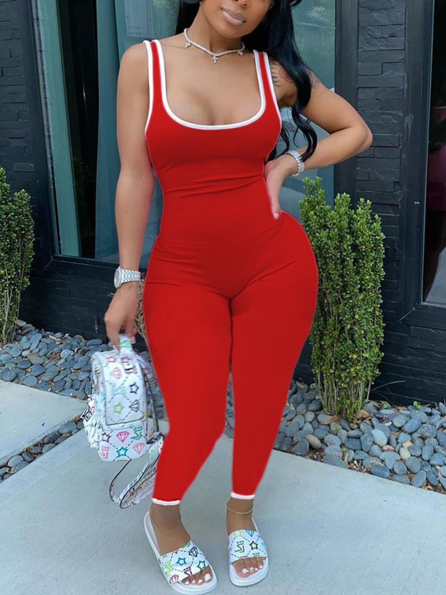 

LW Plus Size Sporty U Neck Patchwork Red One-piece Jumpsuit