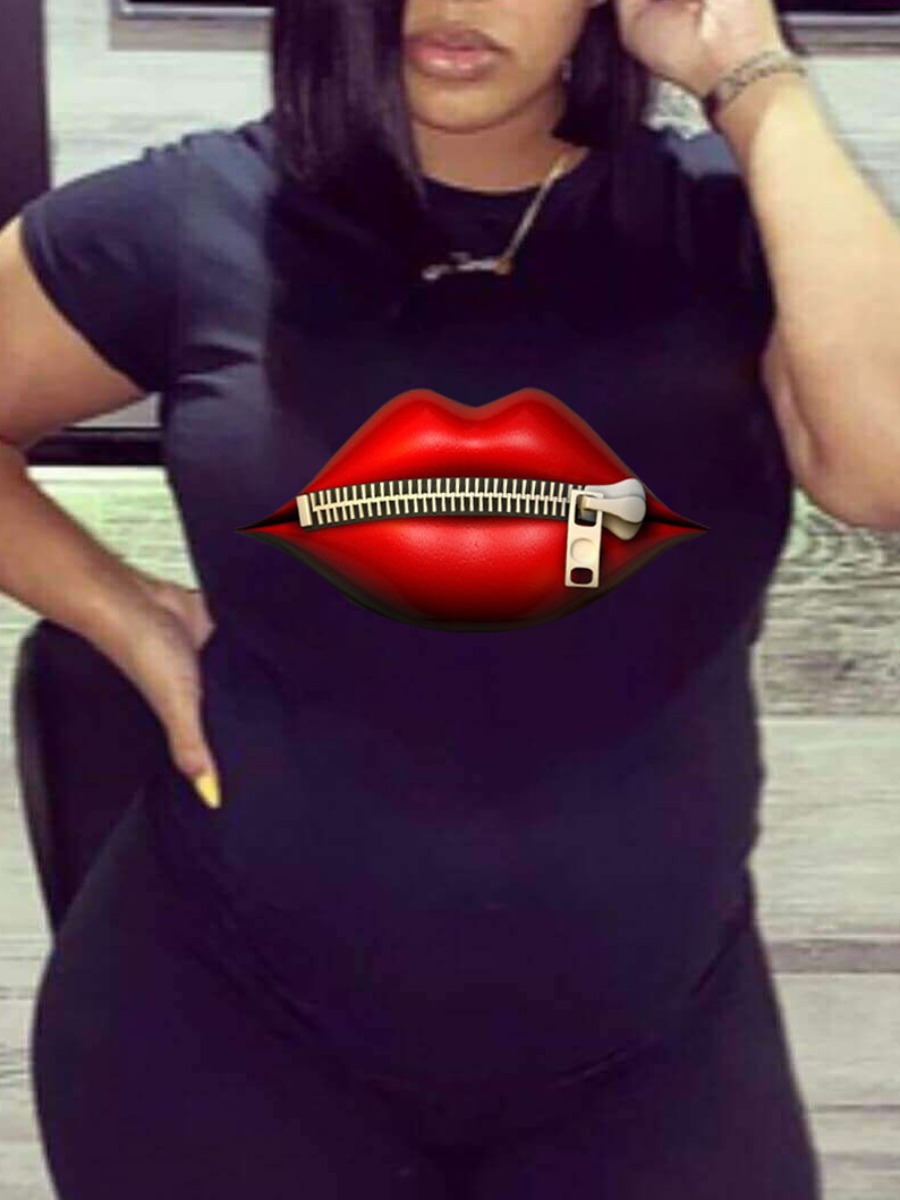 

Lovely Plus Size Casual O Neck Zip Lip Print Black T-shirt