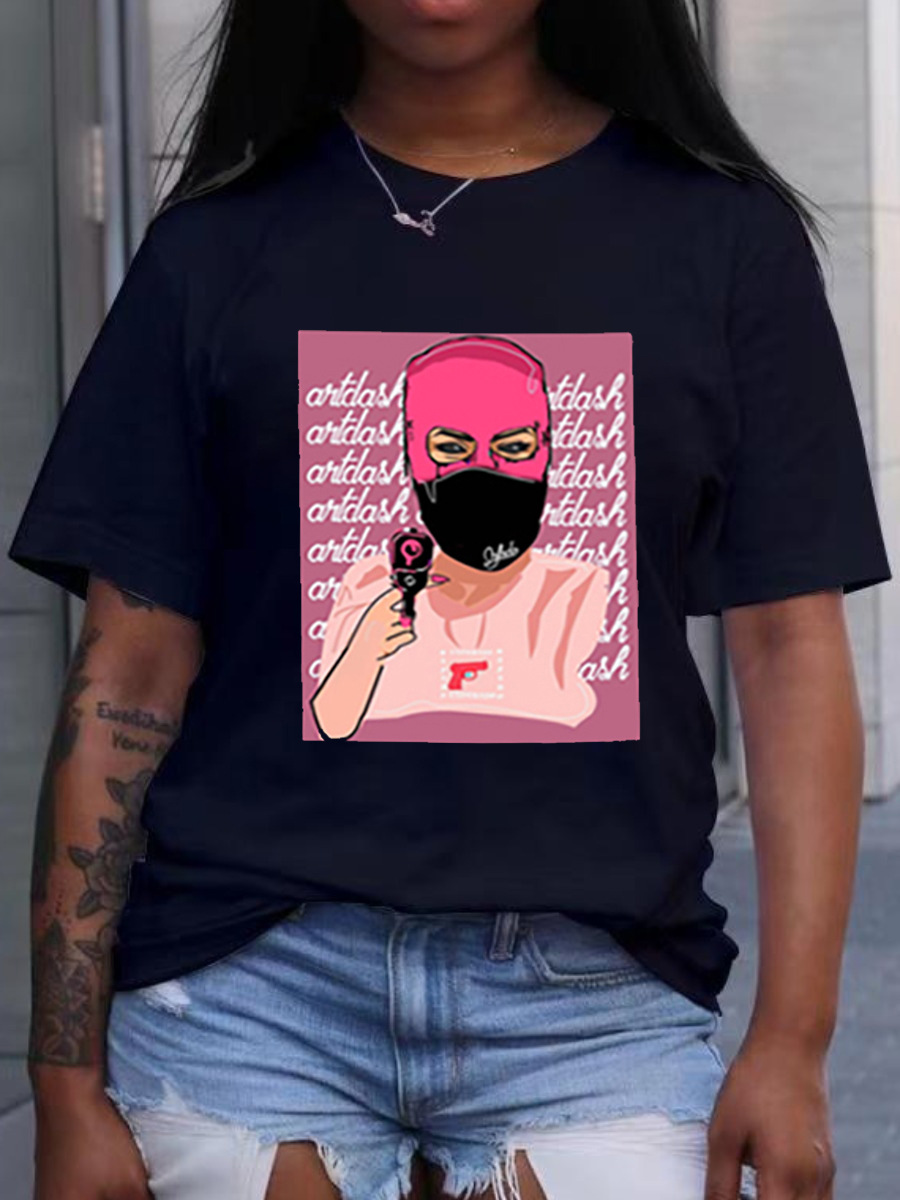 

Lovely Casual Masked Face Letter Print Black T-shirt