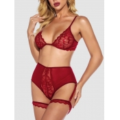 Lovely Sexy High-waisted See-through Wine Red Bra 
