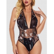 Lovely Sexy Floral Backless See-through Black Tedd