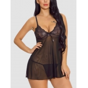 Lovely Sexy V Neck See-through Black Babydoll