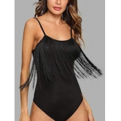 Lovely Casual U Neck Tassel Design Black Teddies