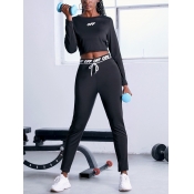 Lovely Sporty O Neck Letter Print Black Two Piece 