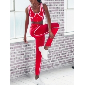 Lovely Sporty U Neck Patchwork Red Two Piece Pants