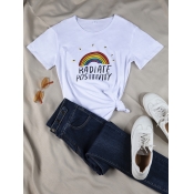 Lovely Casual Rainbow Letter Print White T-shirt