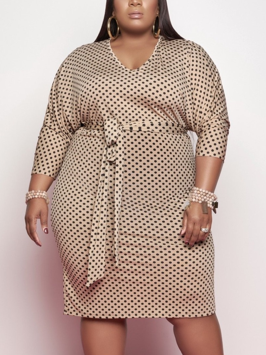 

Lovely Plus Size Casual Dot Print Bandage Design Apricot Knee Length Dress