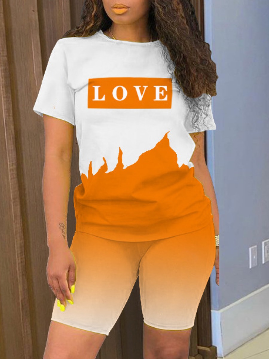 

Lovely Casual Letter Print Gradient Croci Two Piece Shorts Set