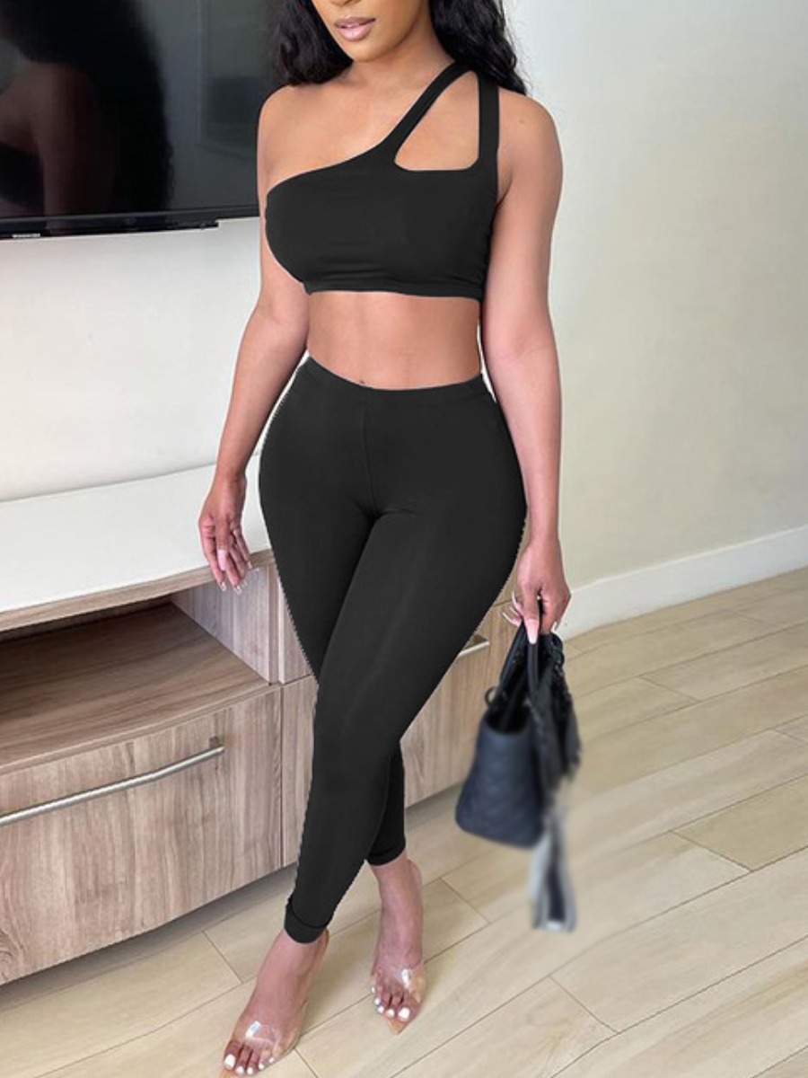 

Lovely Casual One Shoulder Hollow-out Skinny Black Two Piece Pants Set