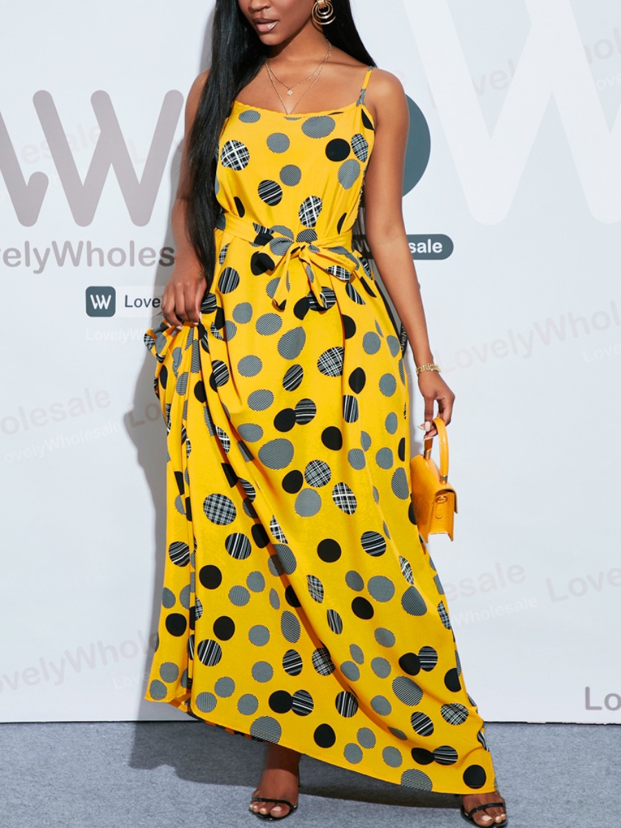 

Lovely Elegant Dot Print Lace-up Ankle Length A Line Dress, Yellow