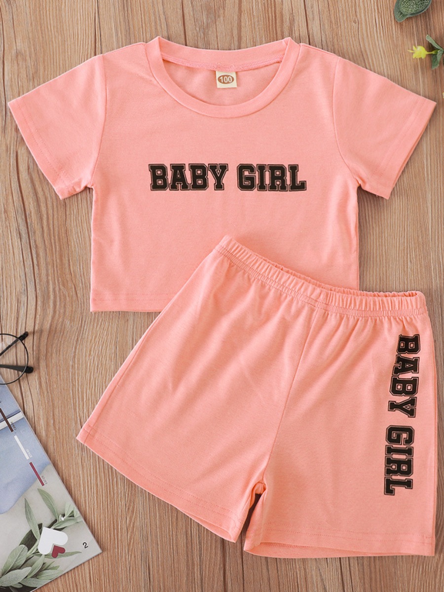 

Lovely Girl Casual O Neck Letter Print Pink Two Piece Shorts Set