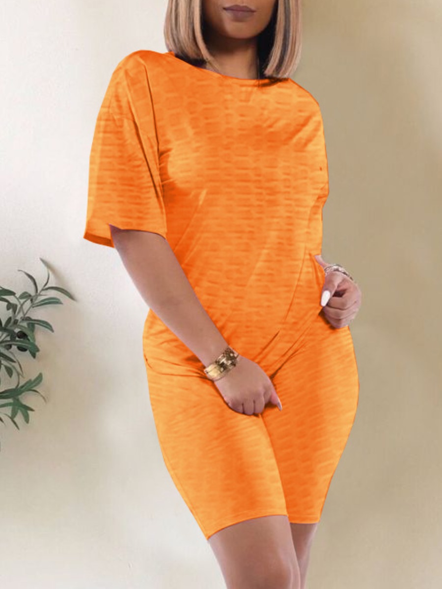 

Lovely Sporty O Neck Dropped Shoulder Croci Two Piece Shorts Set