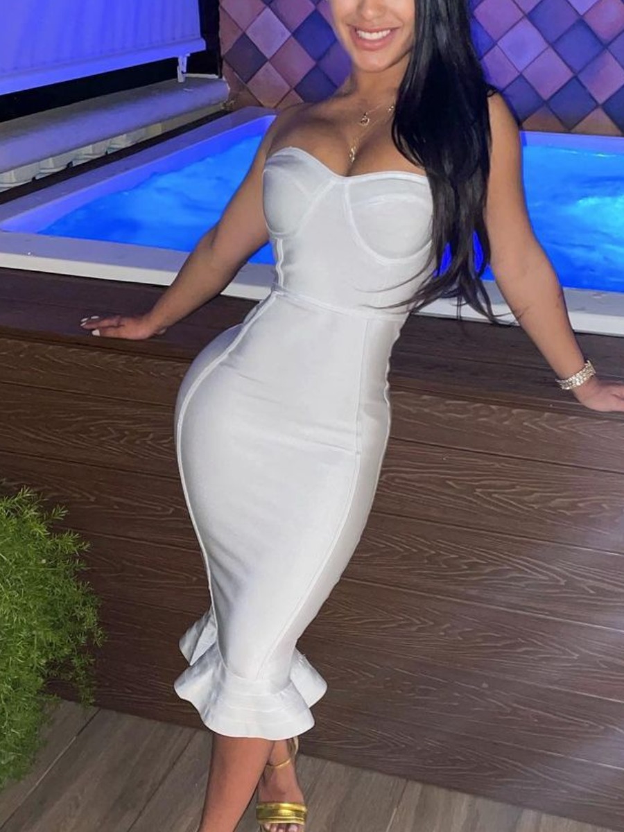 LW SXY Off The Shoulder Flounce Design White Mid Calf Evening Dress