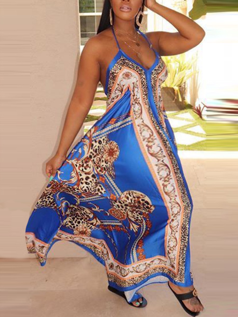 

Lovely Elegant V Neck Print Patchwork Blue Floor Length Plus Size Dress