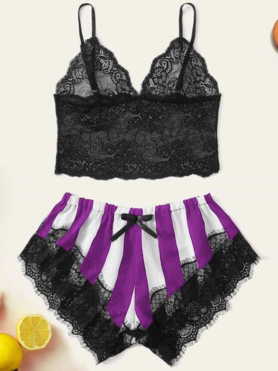 

Lovely Sweet Lace Patchwork Striped Purple Sleepwear