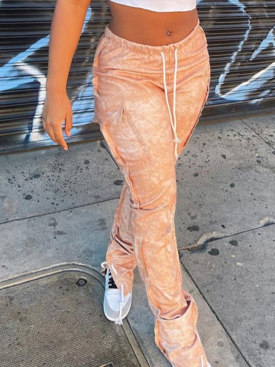 

LW Street Elastic Waist Print Pocket Design Apricot Pants