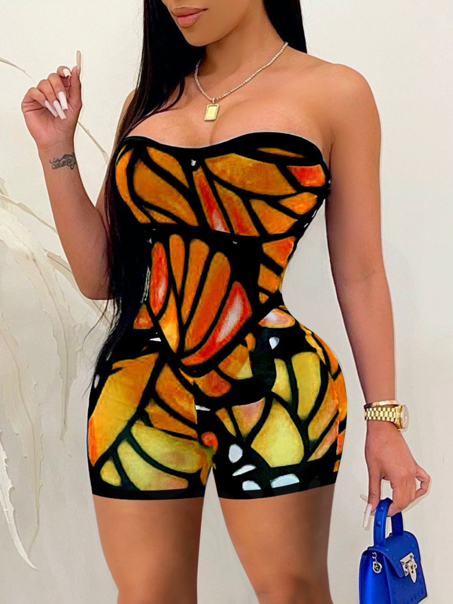 

LW SXY Off The Shoulder Print Patchwork Romper, Yellow