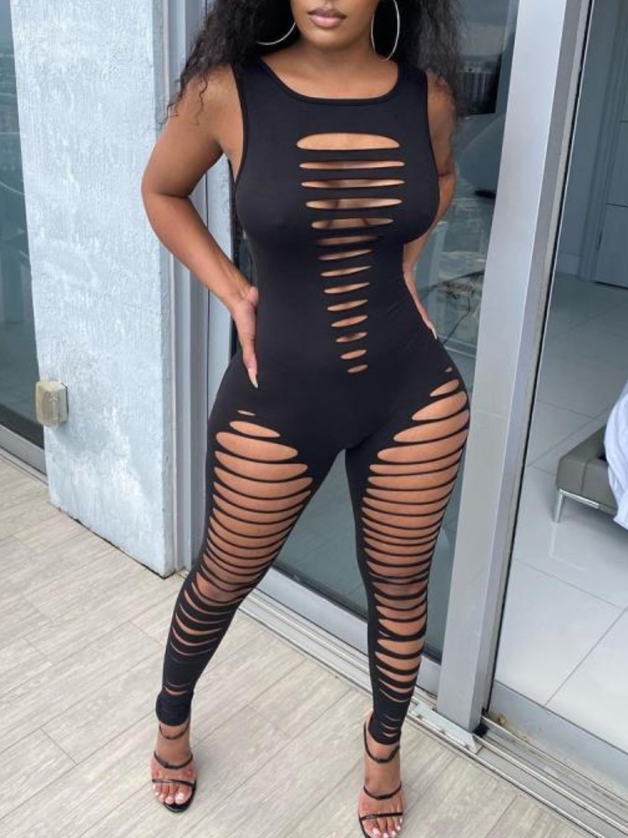 

LW Sexy Hollow-out Ripped Black One-piece Jumpsuit