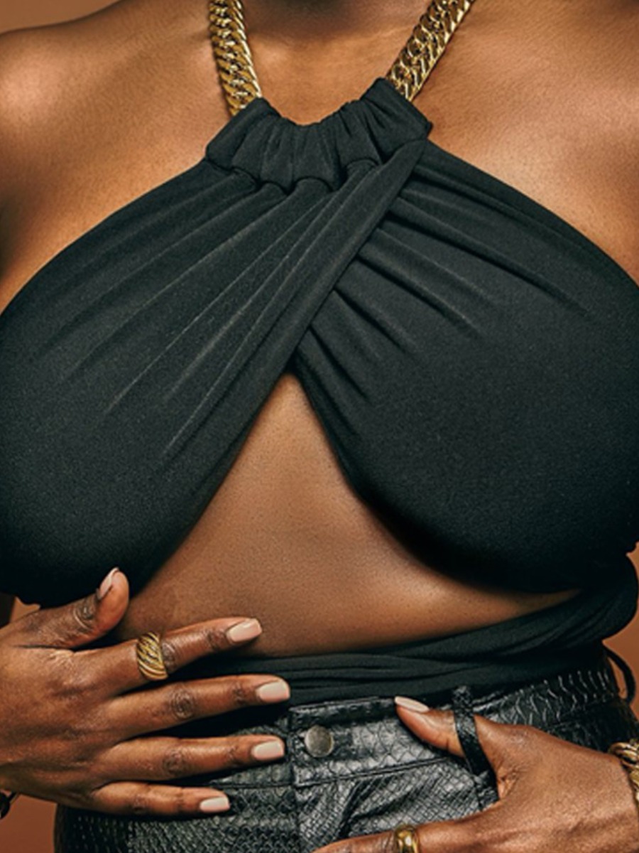 

Lovely Sexy Chain Decoration Split Black Camisole