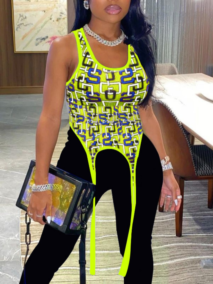 

LW Street U Neck Geometric Print Asymmetrical Yellow Camisole