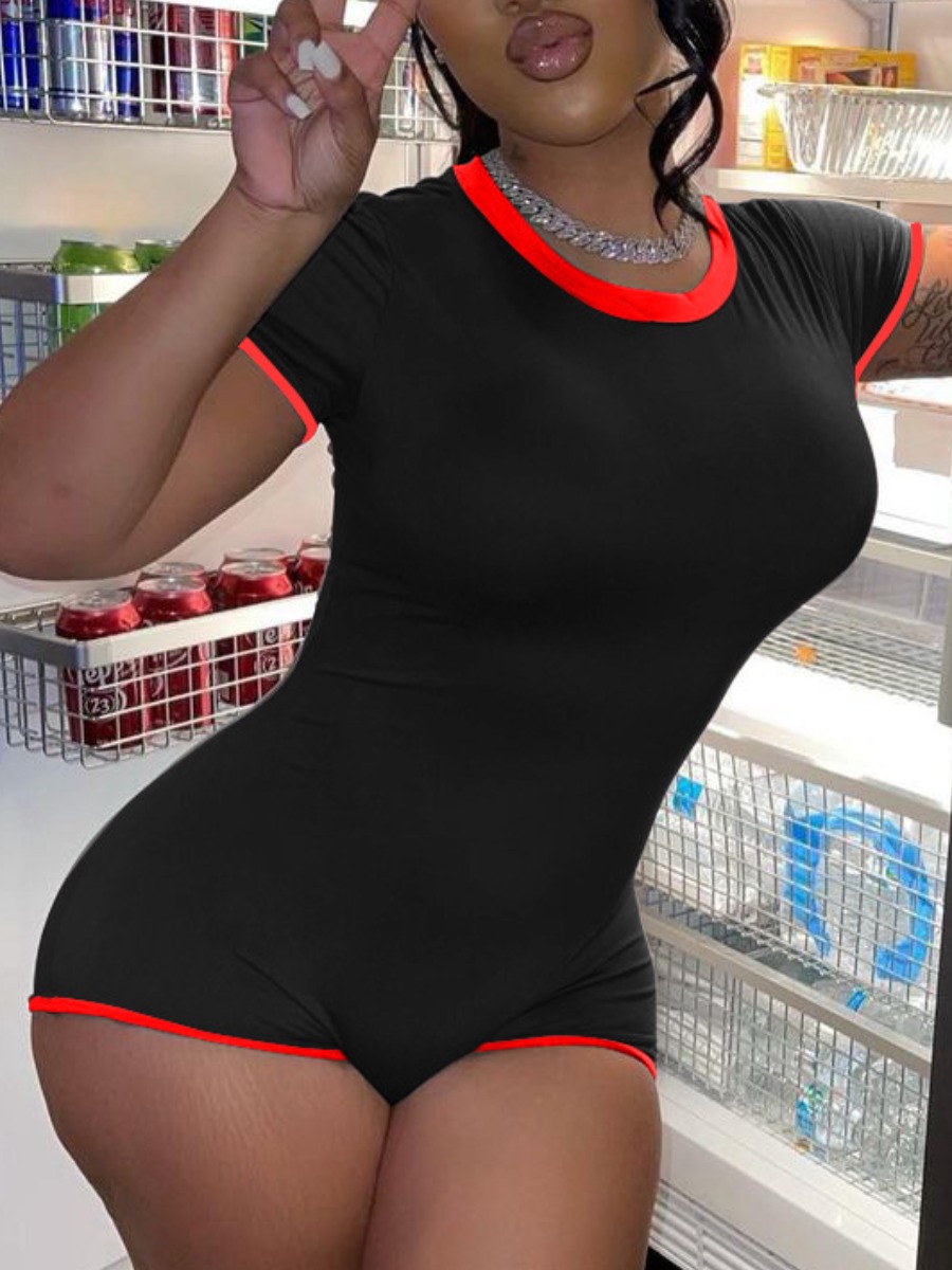 

Lovely Casual O Neck Patchwork Black One-piece Romper