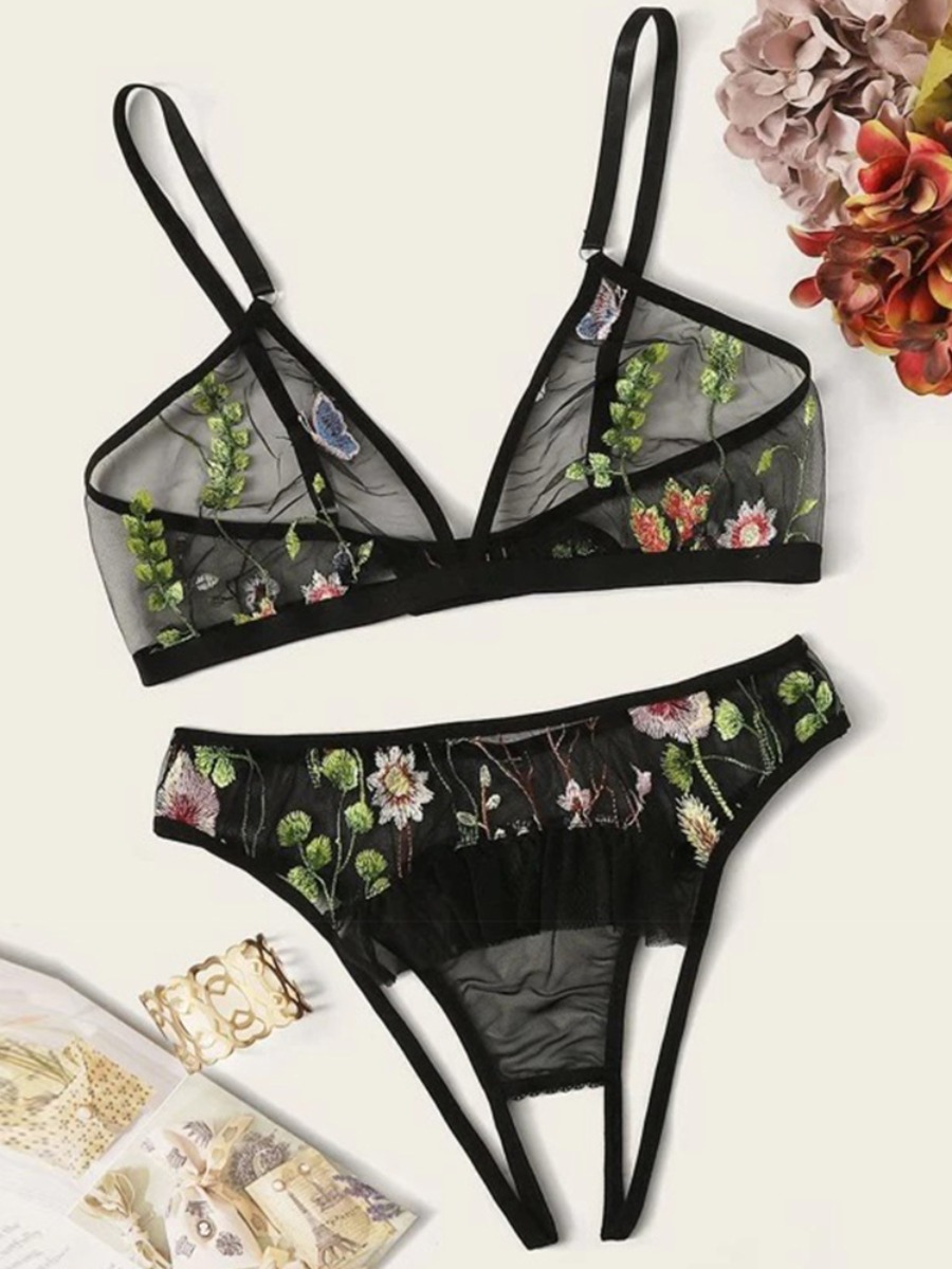 

Lovely Sexy See-through Floral Decoration Black Bra Set