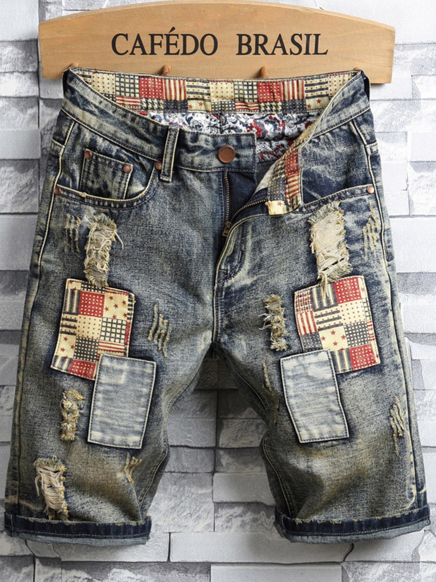 

Lovely Men Street Ripped Patchwork Blue Denim Shorts