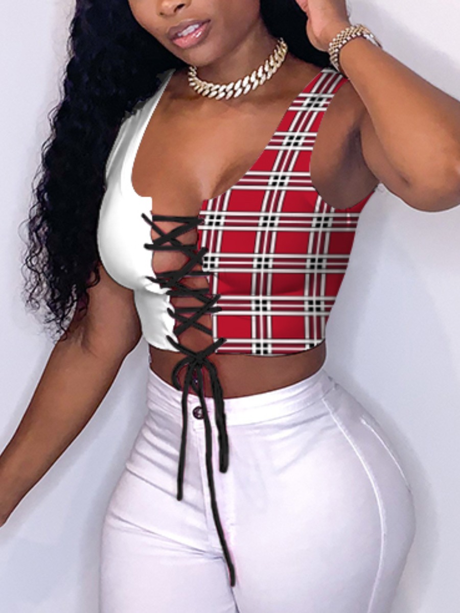 

LW Sweet Plaid Print Bandage Hollow-out Design Red Camisole