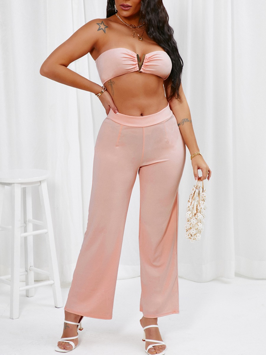 

Lovely Sexy Off The Shoulder Mid Waist Pink Two Piece Pants Set