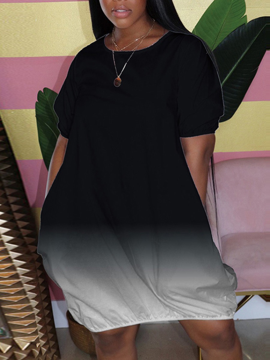 

LW Plus Size Casual Gradient Drawstring Black Knee Length Dress
