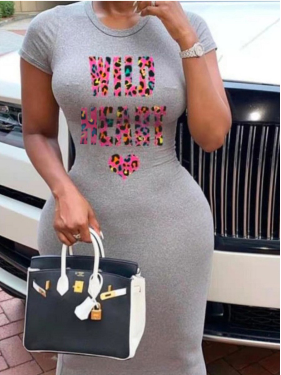 

Lovely Plus Size Casual Leopard Letter Print Grey Ankle Length Dress