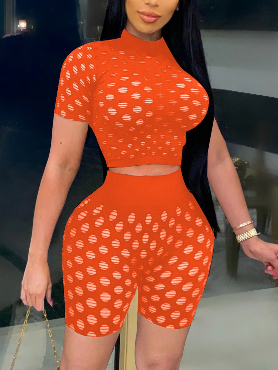 

Lovely Sexy Turtleneck Hollow-out Croci Two Piece Shorts Set
